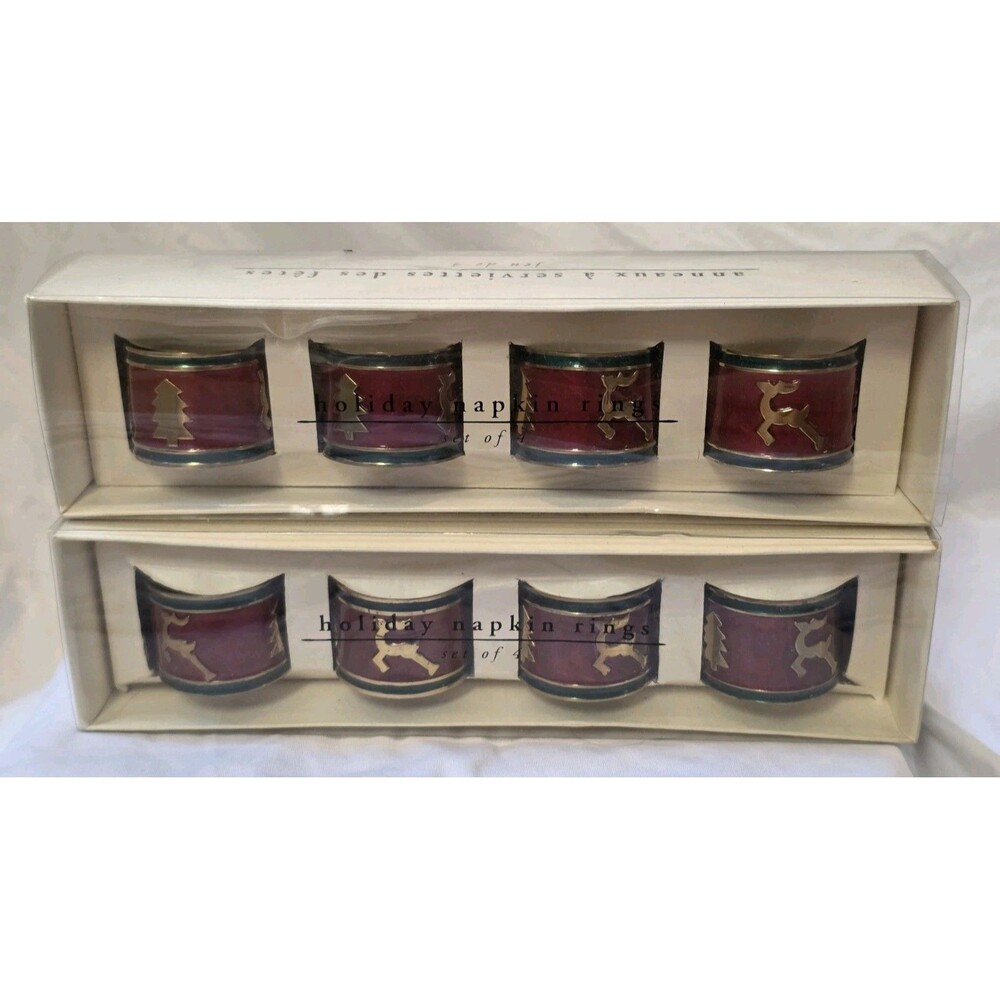 Set of 8 Pier 1 Red Green Brass Enamel Tree Deer Napkin Rings Christmas Holiday